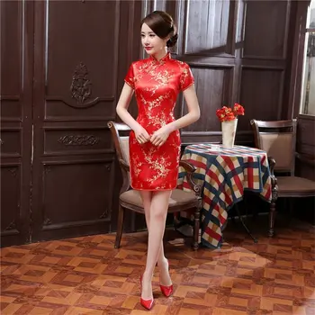 16Color Satino Kinų Tradicinė Suknelė Moterims Qipao Trumpas Derliaus Dragon Spausdinti Raudona Kinijos Stiliaus Vestuvių Cheongsam S-6XL
