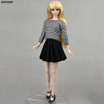 Juoda Mados Drabužius Barbie Lėlės Houndstooth Modelis ilgomis Rankovėmis Marškinėliai Palaidinė Plisuotos Sijonai 1/6 BJD Lėlės Priedai