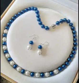 Moterų Papuošalų Rinkinys 8mm baltas mėlyna sumaišytų granulių realus fizinis south sea shell perlų vėrinį + tabaluoti kablys auskarai
