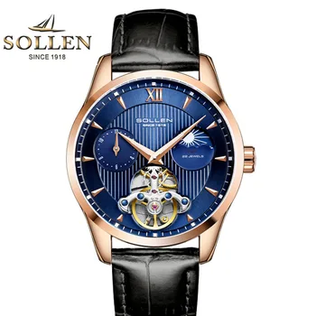 Naujas Prabangos Prekės Šveicarija SOLLEN Mechaninė Automatinė vyriški Laikrodžiai Sapphire Dvigubas Laiko Zoną Šviesos Mėnulio Fazės Laikrodžiai SL302X