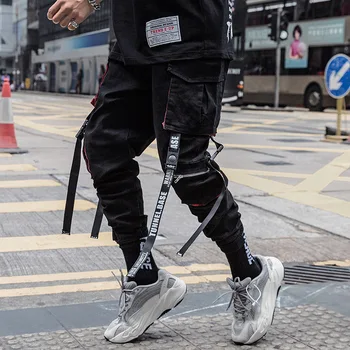 Harajuku Mada Streetwear Vyrų Japonų Hip-Hop Drabužius Juoda Krovinių Kelnės Juostelės Kišenės Atsitiktinis Karinės Haremo Kelnės Poilsiu