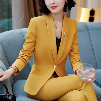 Korėjos Stiliaus Pavasarį, Rudenį) 2 dalių kostiumą Nustatyti Kokybės Formaliojo Kelnės Švarkas Office Lady Oficialus Moterų Verslo Geltonos kelnės Rinkiniai