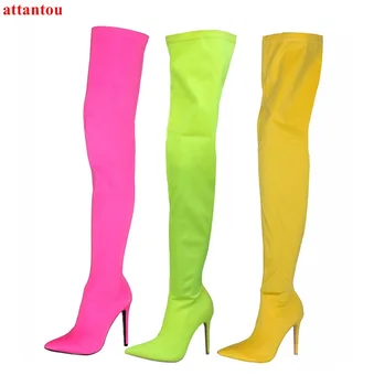 Candy Spalva Elastinga moters ilgi batai oranžinė rožinė žalia pažymėjo tne plonas kojų rudenį over-the-knee boot modelio klubo moterų batų
