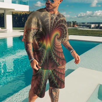 Vyriški Retro T-Shirt 3D Spalvų Sūkuriai vyriški Laisvalaikio Sportinės aprangos Kostiumas Paplūdimio Kostiumas vyriški trumpomis Rankovėmis iš Dviejų dalių, Šortai