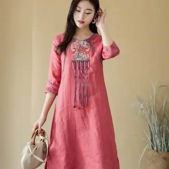 2023 naujas vasaros pusė rankovės kinijos skalbiniai ilgai siuvinėjimo suknelė moterų apvalios kaklo retro etninės stiliaus prarasti atsitiktinis cheongsam g574