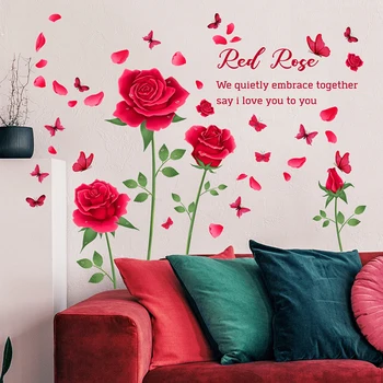 Romantiška Raudona Rožė Siena Lipdukas už Kambarį Vestuvių Fone, Apdailos Lipnios Drugelis Sienų Lipdukai Meno Plakatai