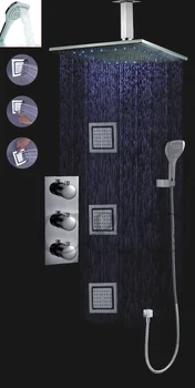 Su Sienos Montuojamas 16 Colių Auto-termostatas Kontrolė Kritulių LED Dušo Galva Vonios kambarys Termostatiniai LED Dušo Maišytuvas Rinkinys
