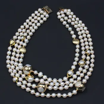 GuaiGuai Papuošalų 4 Eilių Gėlavandenių Dirbtiniu Būdu Išauginti Perlai White Pearl Auksą, Padengtą Keshi Perlų Vėrinį 18
