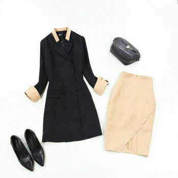 Pavasarį ir vasarą nauji aukštos kokybės didelio dydžio moteriški dvigubos eilės juodos spalvos siūlėmis-line slim ilgai kostiumas sijonas + chaki sijonu