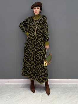 SuperAen 2023 Žiemos Naujų korėjos Mados Aukštos Apykaklės Leopard Megzti Suknelę Moterų Megztinis Suknelė