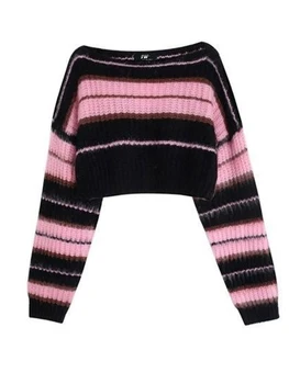 Seksualus Y2K korėjos Stiliaus Rožinė Apkarpytos Džemperis Moterims Dryžuotas Megztinis, Vintage Moterų Rudenį ilgomis Rankovėmis Crewneck Puloveriai Viršūnės