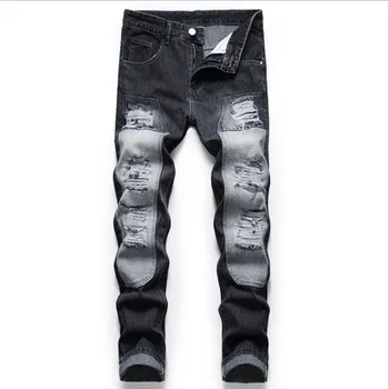 Amerikos Biker Stiliaus Džinsai Vyrams 2021 Atsitiktinis Plauti Medvilnės Sandūrų tvirtinimo taškai Jeans Mens pantalones hombre Juodos Džinsinio audinio Kelnės