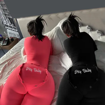 Didmeninė Giliai V-kaklo Mygtukus Seksualus Rompers Moterys ilgomis Rankovėmis Jumpsuits Rudenį Laiške Siuvinėjimo Sleepwear Atgal Atvartu Streetwear