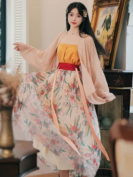 Tradicinis kinų Moterų Hanfu Fėja Gėlių Spaudinių Vasaros Suknelė Kasdien Nešiojami Ilga Suknelė Senovės Cosplay Kostiumas