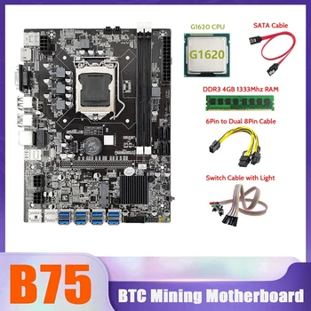 B75 BTC Miner Plokštė 8XUSB+G1620 CPU+4G DDR3 1333Mhz RAM+SATA Kabelis+6Pin Dual 8Pin Kabelis+Jungiklis Su Šviesos Kabelis