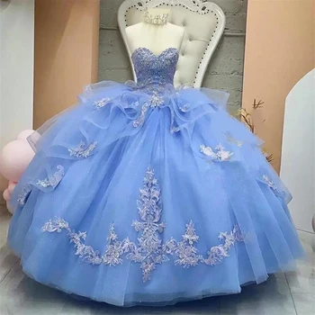 Spalvingas Dangus Mėlynas Quinceanera Suknelės, Puošnios Nėrinių Aplikacijos Skirtingų Grindų Ilgis Kristalai Brangioji Iškirpte Saldus 16 Birthday