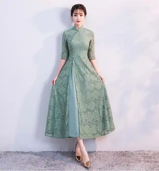 Kinų Tradicinė Suknelė Plonas Retro Moterų Qipao Žalia Nėrinių Cheongsam Ilgai Derliaus