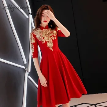 Raudona Siuvinėjimo Trumpas Cheongsam Suknelė Mini Kinų Vestuvių Qipao Mergina Nėrinių Rytų Suknelės Tradicinių Vakare Gown Kinija Qi Pao