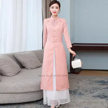 2022 vietnamas aodai pagerėjo cheongsam retro gėlių siuvinėjimas suknelė+kelnės rinkiniai moteris tradicinė derliaus ao dai šalis suknelė