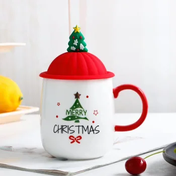 Naujas Kalėdų modelis Puodelis su šaukštu, Silikoninis dangtelis,460ml Keramikos Kūrybinis Kavos Puodelis Arbatos Puodelio Drinkware Dovana Draugui