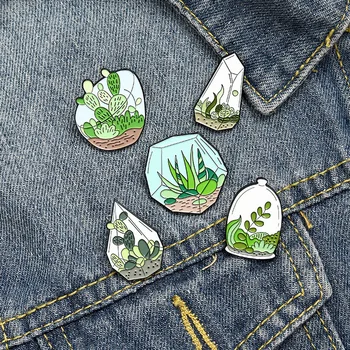 Stiklo žuvų bakas augalų emalio pin šviežia žalia vandens kaktusas pin punk mados užsakymą papuošalai dovana augalų tyrimų draugais Karšto