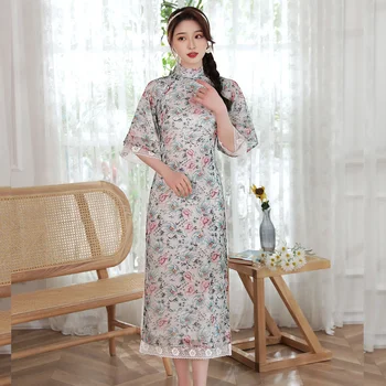 Kinų Suknelė Elegantiškas Tradicinių Qipao Midi Šalies Slim Pavasario Vasaros Šifono Spausdinimo Nėrinių Kratinys Prarasti Šiuolaikinės Cheongsam