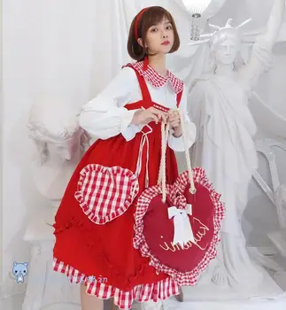 Lolita ilgomis rankovėmis raudona minkštas pledas sesuo nustatyti suknelė +marškinėliai mados suknelė aukšto juosmens viktorijos suknelė kawaii girl cosplay loli