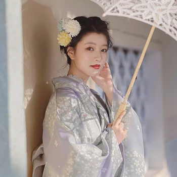 Naujas Kimono Japonijos Klasikinio Retro Stiliaus Palaidos Rankovės Vyšnių Žiedų Spausdinimo Šviesiai Violetinės Spalvos Plonas Elegantiškas Suknelės Dievas Mergina Yukata