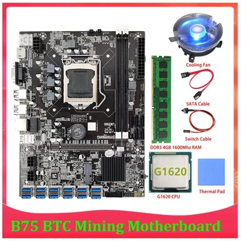 B75 BTC Kasybos Plokštė 12 PCIE Į USB LGA1155 DDR3 4GB 1 600mhz RAM+G1620 CPU+SATA Kabelis B75 ETH Miner Kasyba