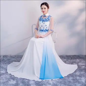 Kinų Stiliaus Mėlynos Ir Baltos Spalvos Porceliano Pagerėjo Cheongsam Ponios Ilgai Choras Guzheng Pasakų Suknelė