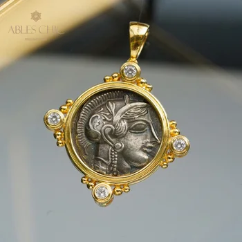 925 Kietas Sidabro Romėnų Senovinės Monetos dvipusės Pakabukas 18K Aukso Tonas Senovės Skulptūrų Cirkonis Akcentas Karoliai C11N3S25779