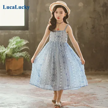 LucaLucky Mėlyna Gėlių Šifono Suknelės Kūdikių Didelis Mergaičių Rankovių Princesė Suknelė, Vaikams, Drabužiai Vaikams, Bohemijos Suknelė, Amžius 4-17Y