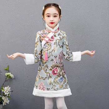 Žiemą Vaikai Socialinio Etiketo Suknelė Vaikai Siuvinėjimo Kinijos Puikus Qipao Merginos Storio Ir Dygsniuotas Tradicinių Cheongsam